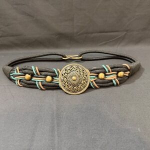 Boho-Chic Western Vtg Leather Shop Woven Cord Belt Medallion Black Teal Bronze